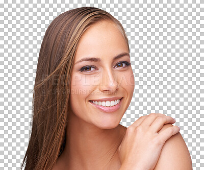 Buy stock photo Cosmetics, beauty and portrait of happy woman isolated on transparent png background, wellness and makeup. Dermatology, skincare and model with smile on face, healthy facial skin care and happiness.