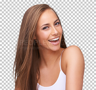 Buy stock photo Happiness, beauty and portrait of woman with smile isolated on transparent png background, wellness and skincare. Dermatology, makeup and face of model with healthy facial skin care and cosmetics.