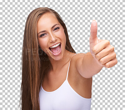 Buy stock photo Woman portrait, thumbs up and beauty isolated on transparent, png background for like, success or thank you. Winner face, model or happy person with yes and okay hands or emoji for certified skincare