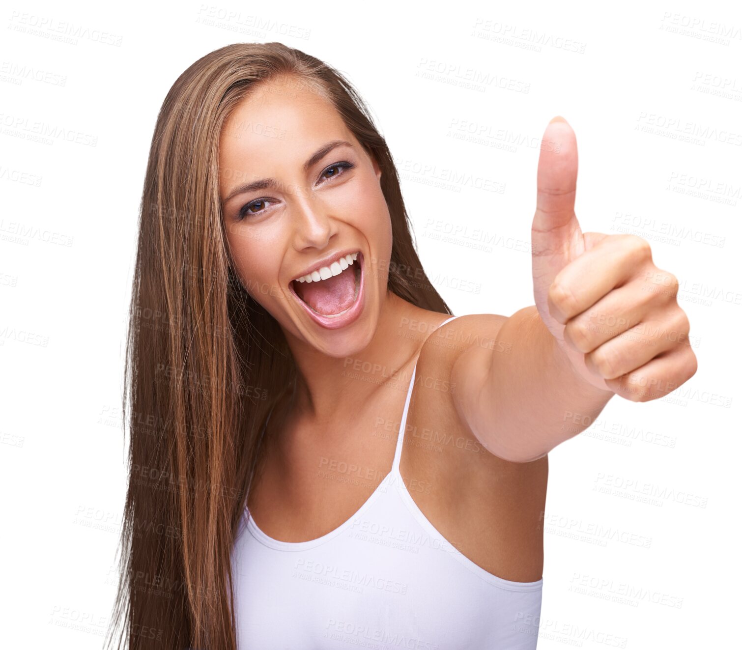Buy stock photo Woman portrait, thumbs up and beauty isolated on transparent, png background for like, success or thank you. Winner face, model or happy person with yes and okay hands or emoji for certified skincare