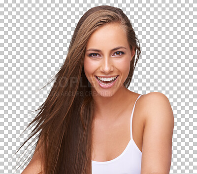 Woman, smile portrait and hair care wellness, skincare beauty or cosmetics. Dermatology of model, happy face and luxury salon facial glow or happiness on an isolated and transparent png background