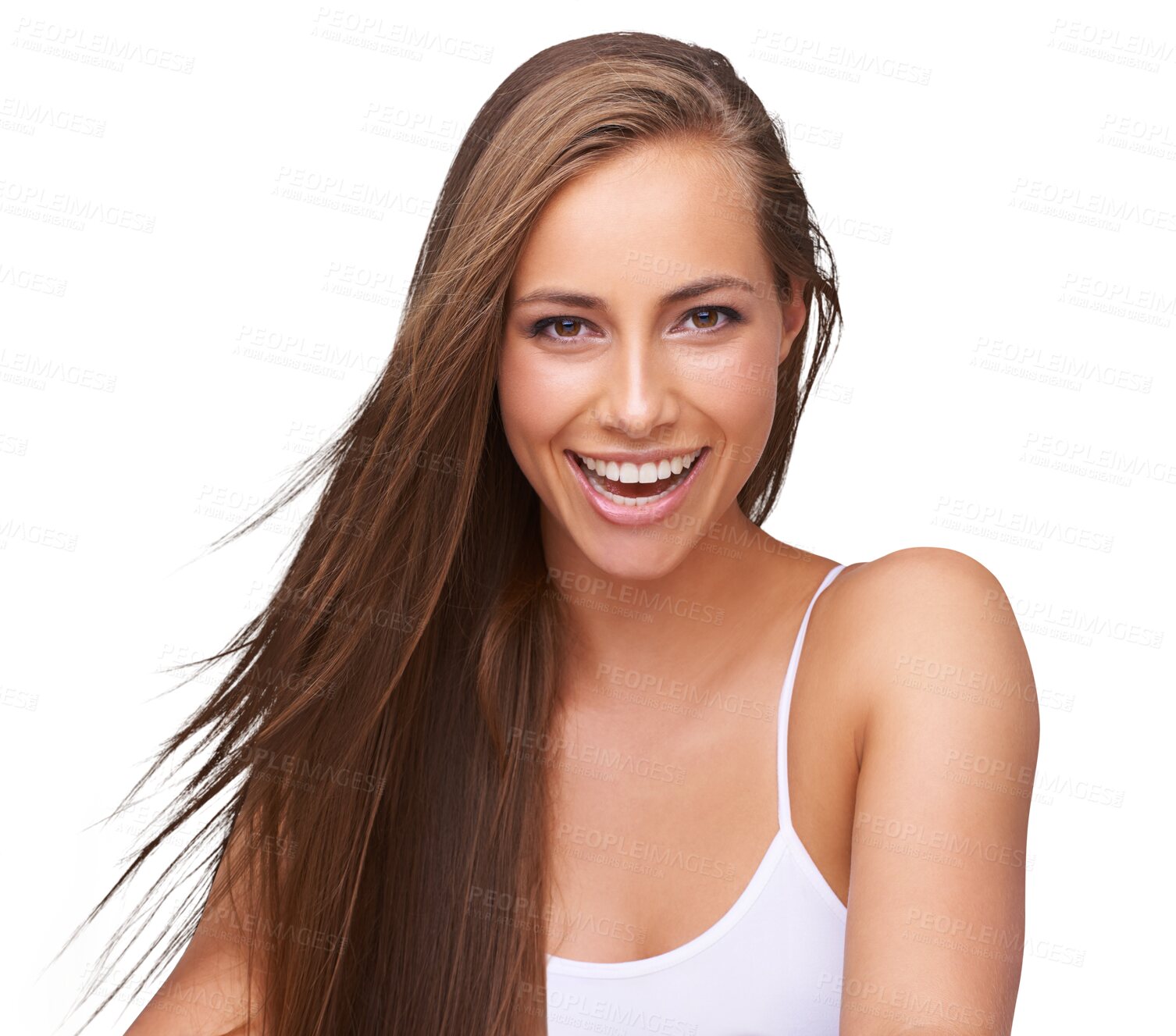 Buy stock photo Haircare, cosmetics and portrait of happy woman isolated on transparent png background, wellness and beauty. Cosmetic makeup, model with smile on face and healthy hair or skin care with happiness.