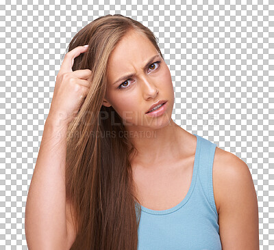 Confused, doubt and portrait of woman with question scratching head for problem, decision or fail on an isolated, transparent png background. Anxiety, stress and puzzled model with confusion on face