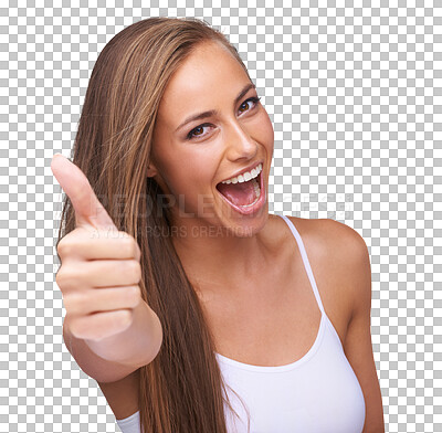 Thumbs up, thank you and portrait of a woman with motivation on an isolated and transparent png background. Success, smile and model with a hand emoji sign for agreement, win and goal