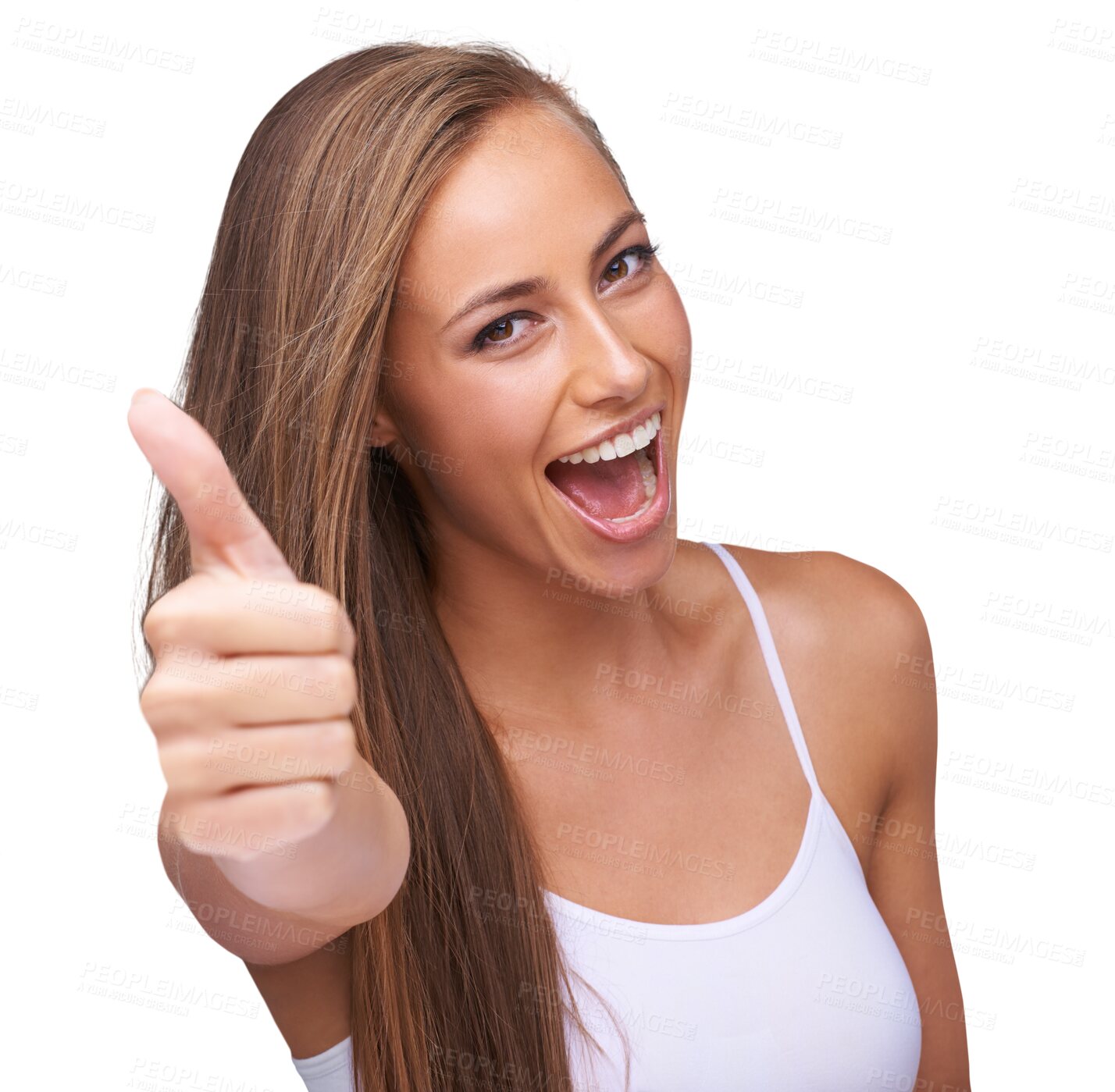 Buy stock photo Winning woman, thumbs up and portrait isolated on transparent, png background for beauty like, promo or thanks. Face of winner or happy person with success, yes and okay hands or emoji for skincare