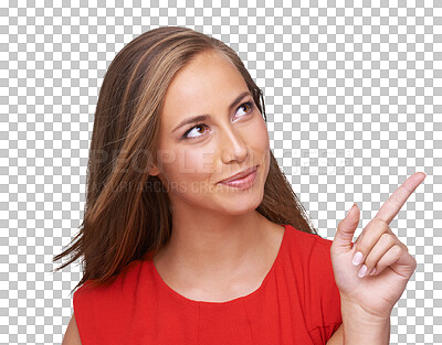 Buy stock photo Happy, girl and woman pointing, decision and thinking isolated against a transparent background. Female person, model and hand gesture for choice, emoji and idea with direction, opportunity and png