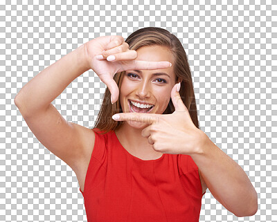 Buy stock photo Happy, portrait and woman with hand frame for creativity with cosmetic, beauty and makeup face. Happiness, smile and female model with picture or camera gesture isolated by transparent png background