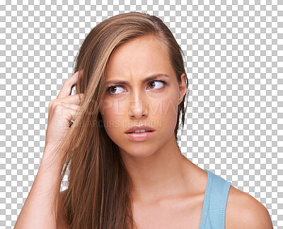 Buy stock photo Thinking, isolated girl and confused anxiety or question, problem or doubt, unsure, decision and idea process. Woman, frustrated or stress on face scratching head on transparent png background