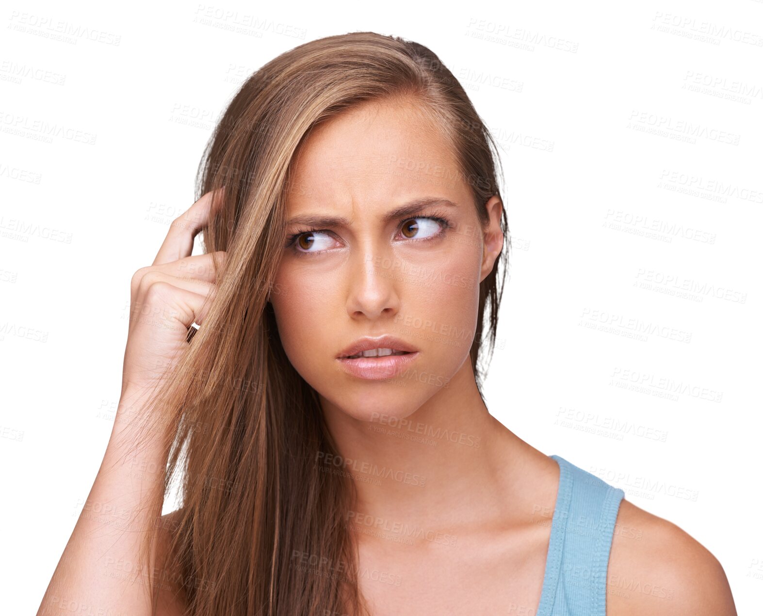 Buy stock photo Thinking, isolated girl and confused anxiety or question, problem or doubt, unsure, decision and idea process. Woman, frustrated or stress on face scratching head on transparent png background