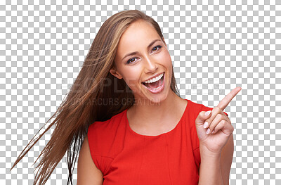 Beauty, pointing finger and portrait of woman on an isolated, transparent png background for fashion, marketing and advertising. Smile, cosmetics and girl point for deal, sale and product placement