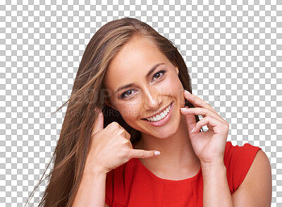 Buy stock photo Portrait, happy woman and call me sign or contact us on an isolated and transparent png background. Communication or connection, female face and hands gesture telephone talking or having conversation