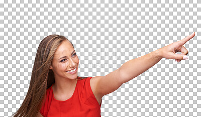 Buy stock photo Happy, png and woman with opportunity, pointing and confident lady isolated against a transparent background. Female person, model and girl with hand gesture, promotion and choice with happiness