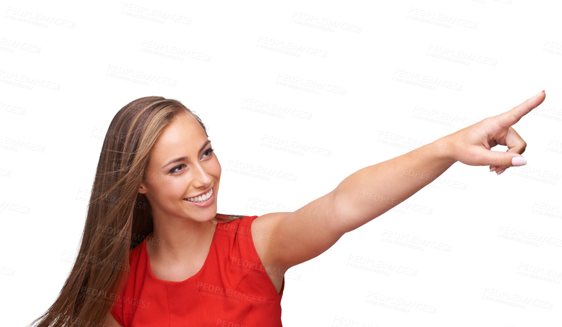 Buy stock photo Happy, png and woman with opportunity, pointing and confident lady isolated against a transparent background. Female person, model and girl with hand gesture, promotion and choice with happiness