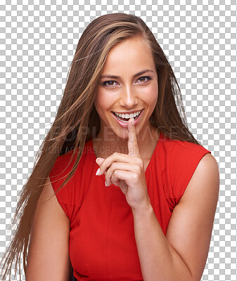 Flirty, smile and portrait of woman with a finger for a secret, gossip or silence on an isolated, transparent png background. Quiet gesture and model with hand on mouth and lips for silent expression