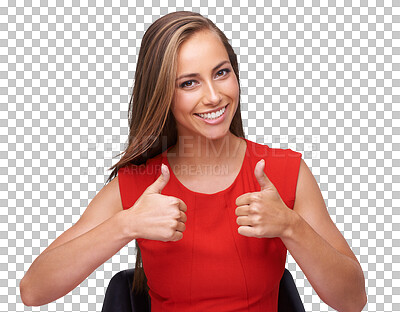 Thumbs up, agreement and portrait of a happy woman excited on an isolated and transparent png background. Thank you, motivation and model with an emoji hand for winning, achievement and yes