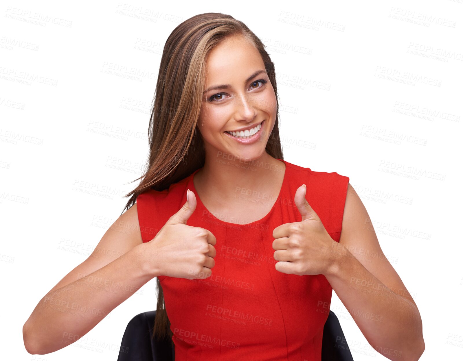Buy stock photo Business woman, thumbs up and portrait isolated on transparent, png background in thanks, support or like sign. Success, winning and person in office chair with yes and okay hands or good luck emoji 