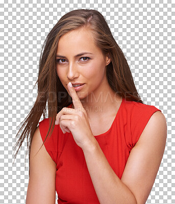 Woman, finger and lips in portrait with sexy, secret and flirt gesture on an isolated, transparent png background. Model, face and hand sign of silence, quiet with red fashion dress or natural beauty