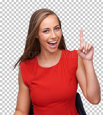 Buy stock photo Portrait of woman, smile and pointing up with finger isolated on a transparent png background. Face, hand gesture and female model point to promotion, advertising or marketing, branding or commercial