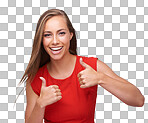 Thumbs up, success and portrait of a woman with a smile on an isolated and transparent png background. Thank you, motivation and model with an emoji hand for winning, achievement and yes