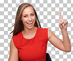 Beautiful, and happy woman pointing up with finger for idea, solution or plan on an isolated and transparent png background. Portrait of attractive female model with smile posing with recommendation