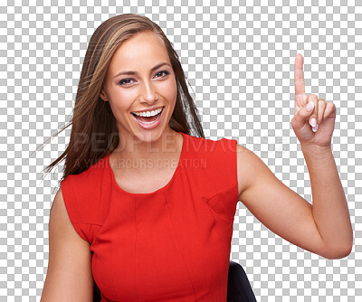 Buy stock photo Portrait of woman, happy and pointing up with finger isolated on a transparent png background. Face, hand gesture and female model point to promotion, advertising or marketing, branding or commercial