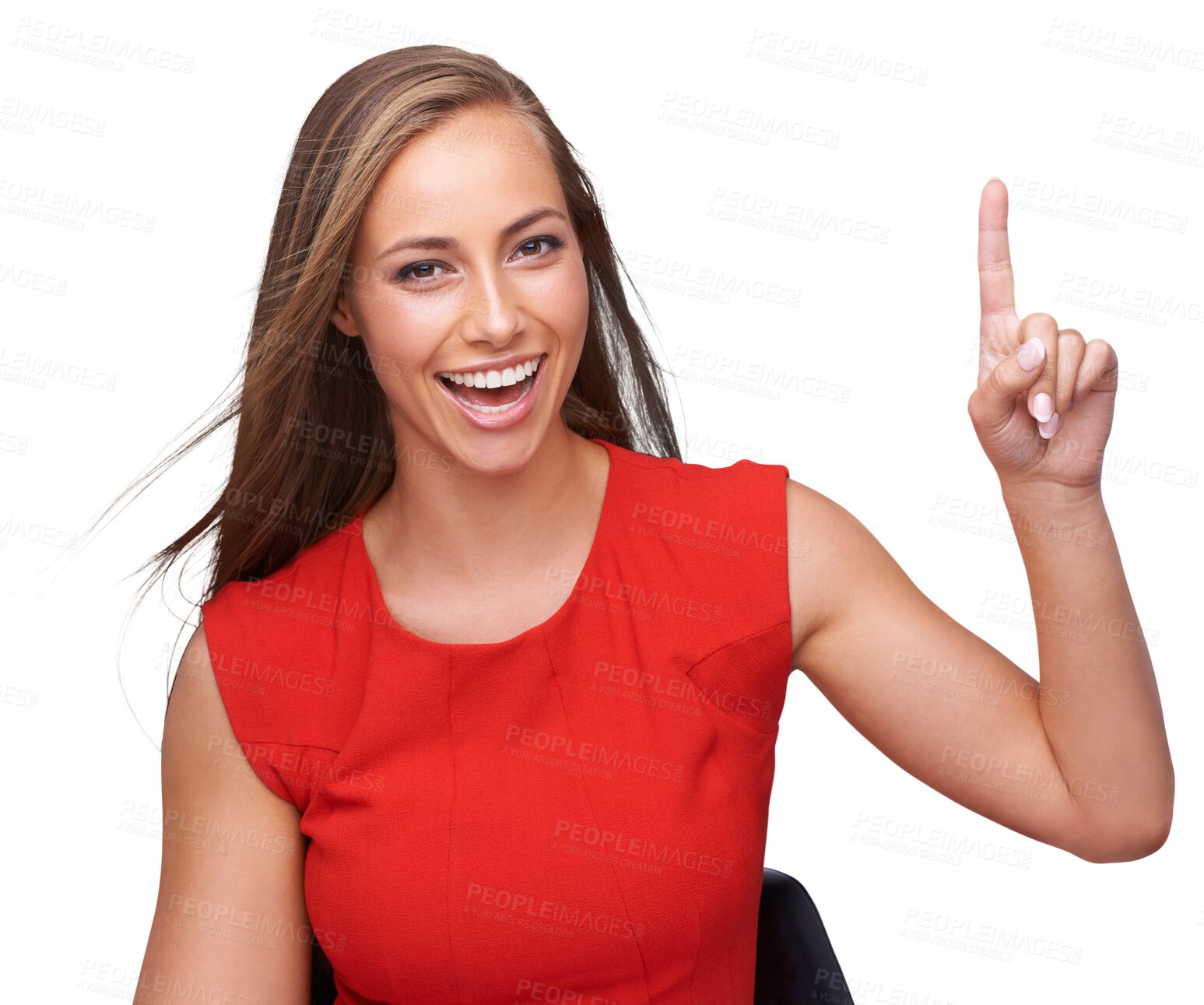 Buy stock photo Portrait of woman, happy and pointing up with finger isolated on a transparent png background. Face, hand gesture and female model point to promotion, advertising or marketing, branding or commercial