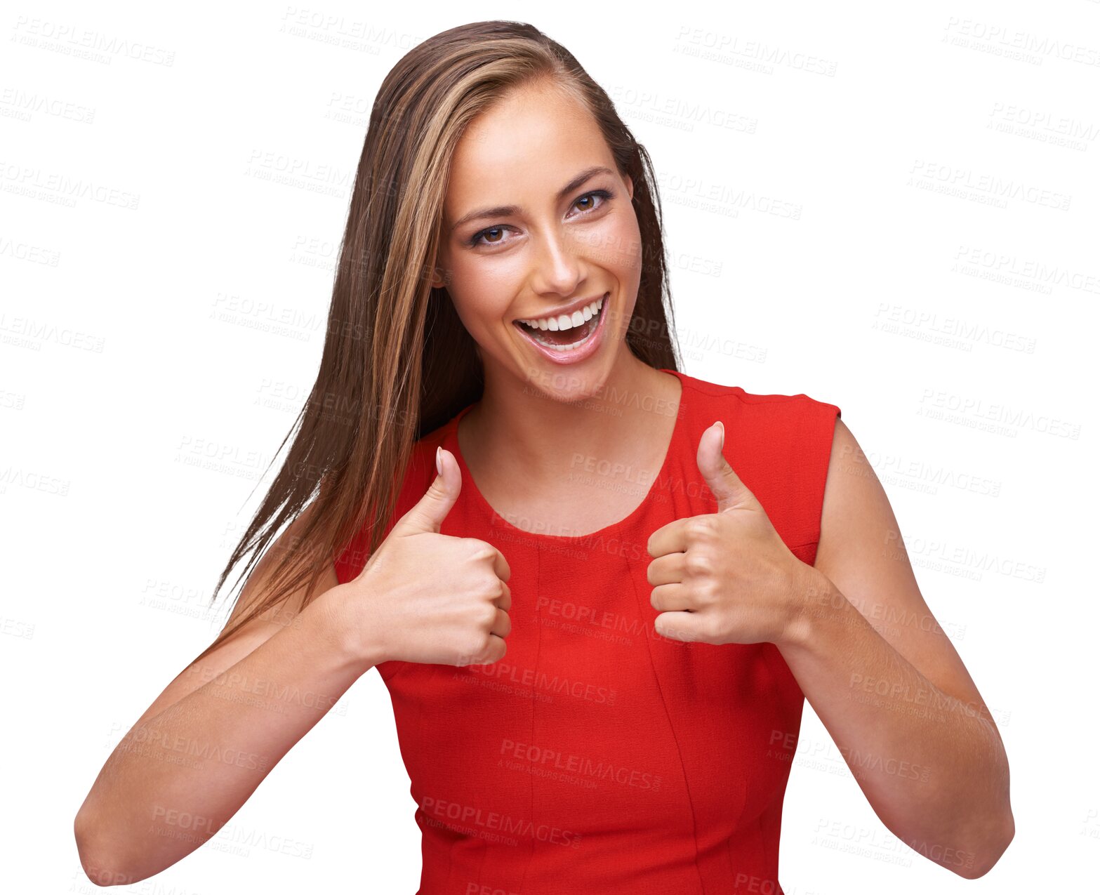 Buy stock photo Happy woman, thumbs up and portrait isolated on transparent, png background for thank you, support or like sign. Success, wow and winning of excited person with yes and okay hands or good luck emoji 