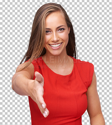 Buy stock photo Woman portrait, handshake and offer isolated on transparent, png background for welcome or introduction. Happy person shaking hands in client pov for greeting, congratulations and agreement or deal