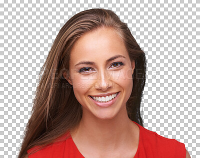 Buy stock photo Happy, smile and portrait of woman with confidence on isolated, png and transparent background. Relax, beauty and face of female person smiling for dental care in cosmetics, natural makeup and pride