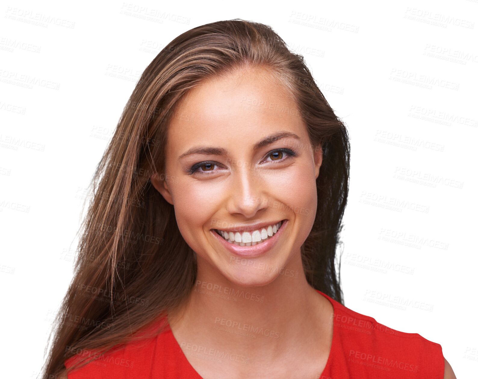 Buy stock photo Happy, smile and portrait of woman with confidence on isolated, png and transparent background. Relax, beauty and face of female person smiling for dental care in cosmetics, natural makeup and pride