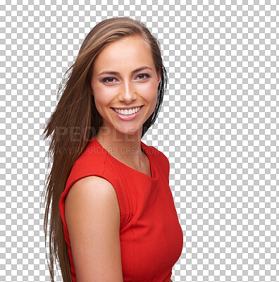 Buy stock photo Face portrait, beauty and woman with happy smile and attitude isolated on a transparent PNG background. Beautiful and young female model smiling with positive mindset, haircare and red fashion