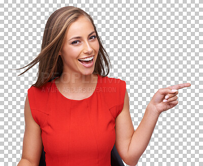 Buy stock photo Portrait, decision and woman showing, pointing and confident girl isolated against transparent background. Face, female person or lady with a smile, hand gesture and opportunity with happiness or png