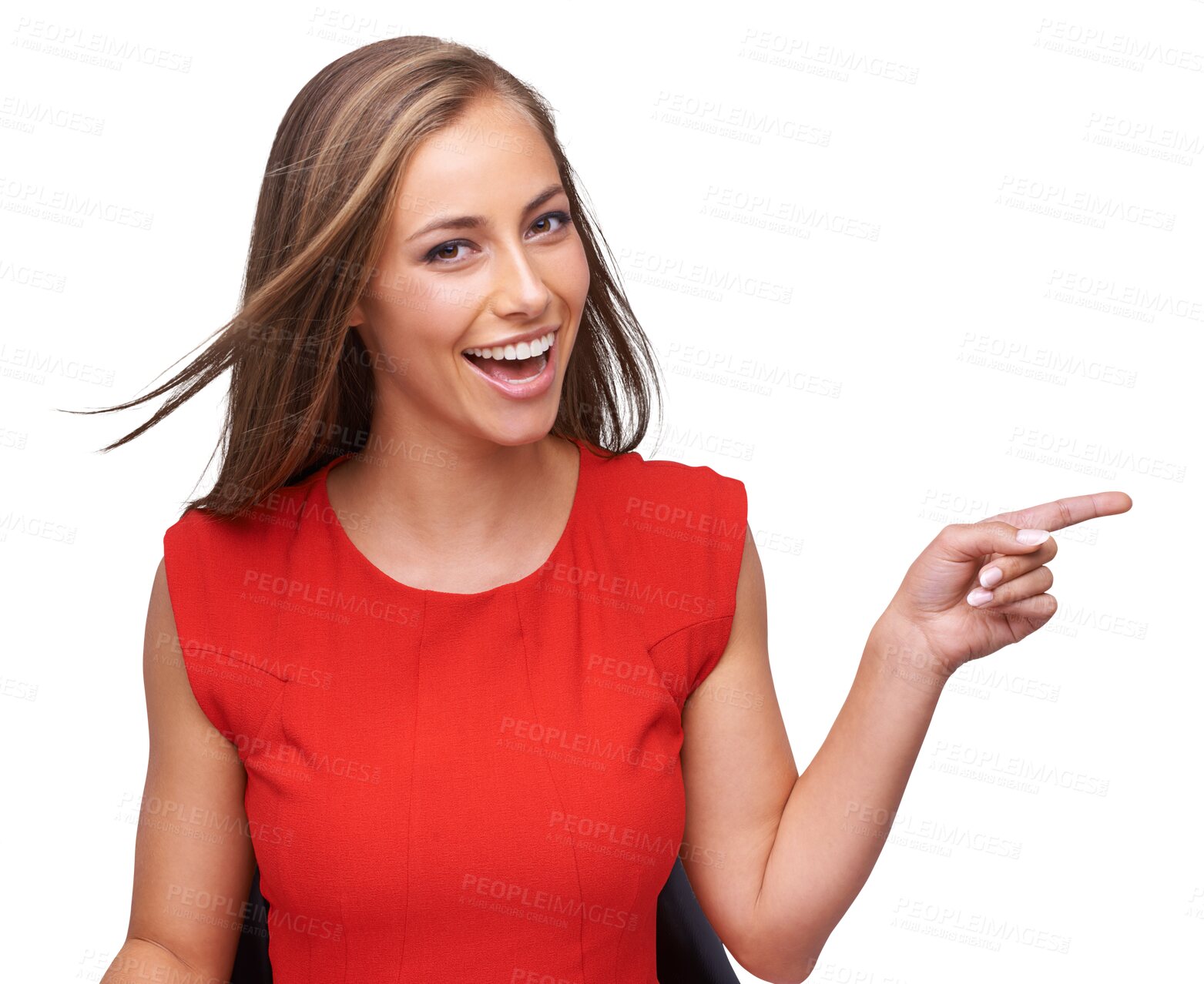 Buy stock photo Portrait, decision and woman showing, pointing and confident girl isolated against transparent background. Face, female person or lady with a smile, hand gesture and opportunity with happiness or png