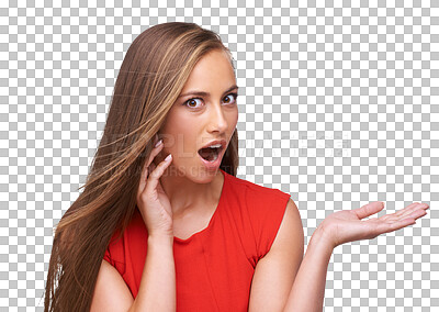 Buy stock photo Shock, portrait and woman with a pointing hand for advertising, marketing or creativity. Surprise, excited and female model with wow, wtf or omg face expression isolated by transparent png background