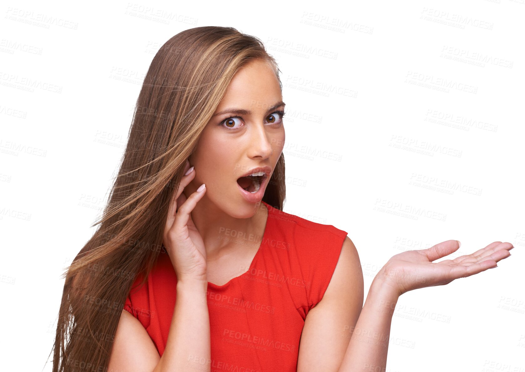 Buy stock photo Shock, portrait and woman with a pointing hand for advertising, marketing or creativity. Surprise, excited and female model with wow, wtf or omg face expression isolated by transparent png background