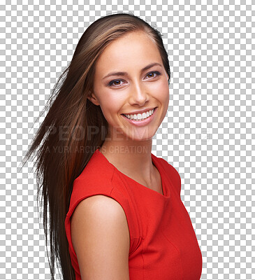 Buy stock photo Happy, confident and portrait of woman with smile on isolated, png and transparent background. Relax, beauty and face of female person smiling for dental care in cosmetics, natural makeup and pride
