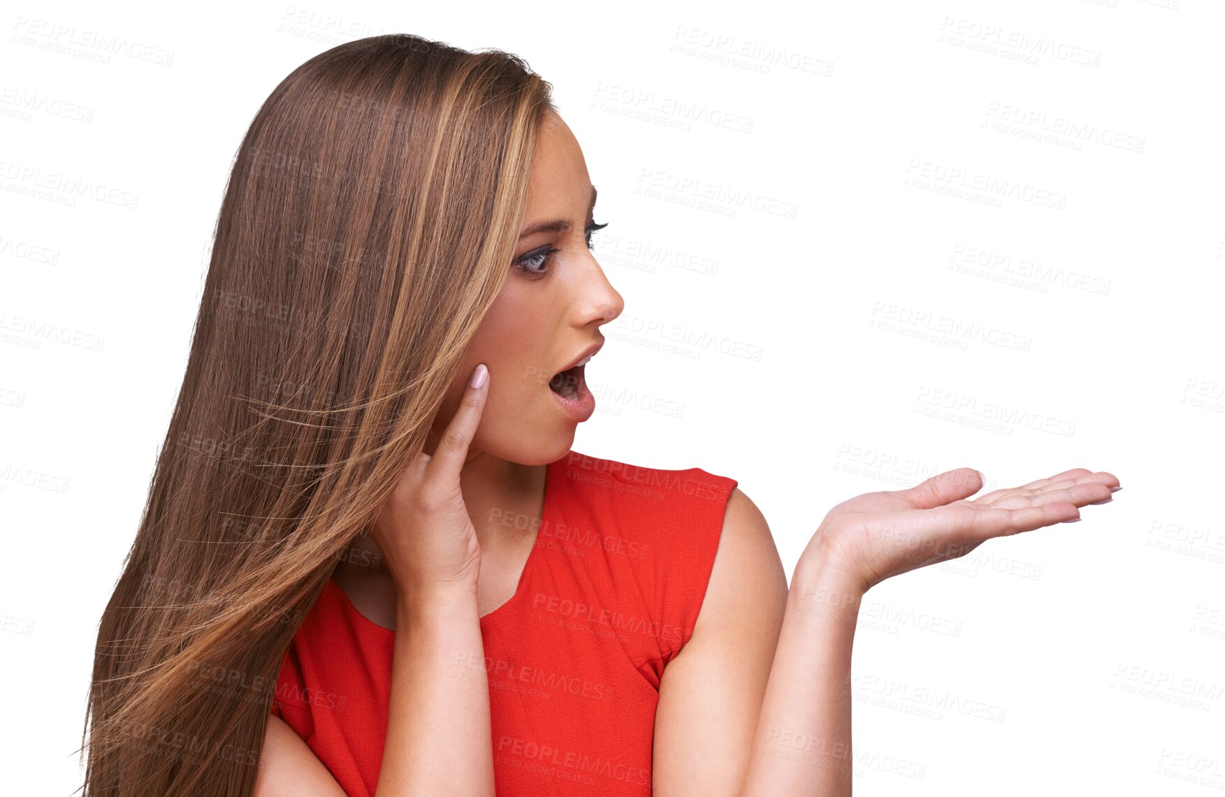 Buy stock photo Surprise, amazed and woman with a pointing hand for advertising, marketing or creativity. Shock, excited and female model with wow, wtf or omg face expression isolated by a transparent png background