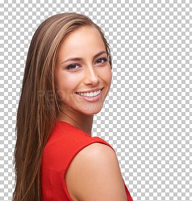 Buy stock photo Happy, beauty and portrait of woman with confidence on isolated, png and transparent background. Relax, happiness and face of female person with dental smile and cosmetics, natural makeup and pride