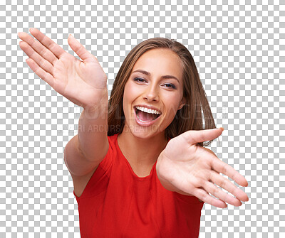 Portrait, hands and freedom with a model woman in feeling carefree on an isolated and transparent png background. Face, excited and cheerful with a young female with open palm for clapping emoji