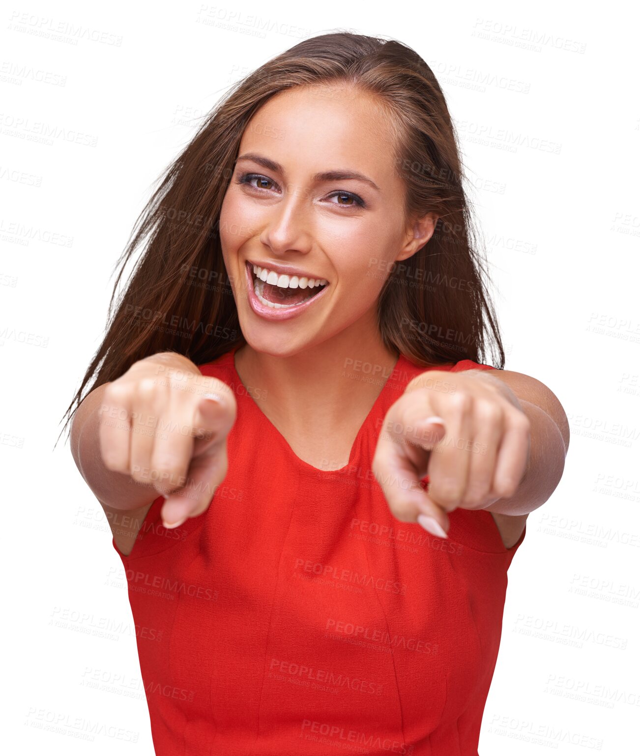 Buy stock photo Choice, portrait and smile of a woman pointing at you for accountability isolated on a transparent png background. Excited, happy and hand of female model with finger gesture for choosing or decision