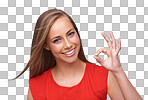 Success, ok and portrait of woman with hand emoji for happiness in approval, yes and opinion on an isolated and transparent png background. Model confident in agreement with happy smile
