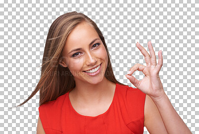 Buy stock photo Hand emoji, woman with ok sign and in a png or transparent background. Closeup portrait, isolated young female model giving a like or perfect signal and smiling for review, deal or feedback success