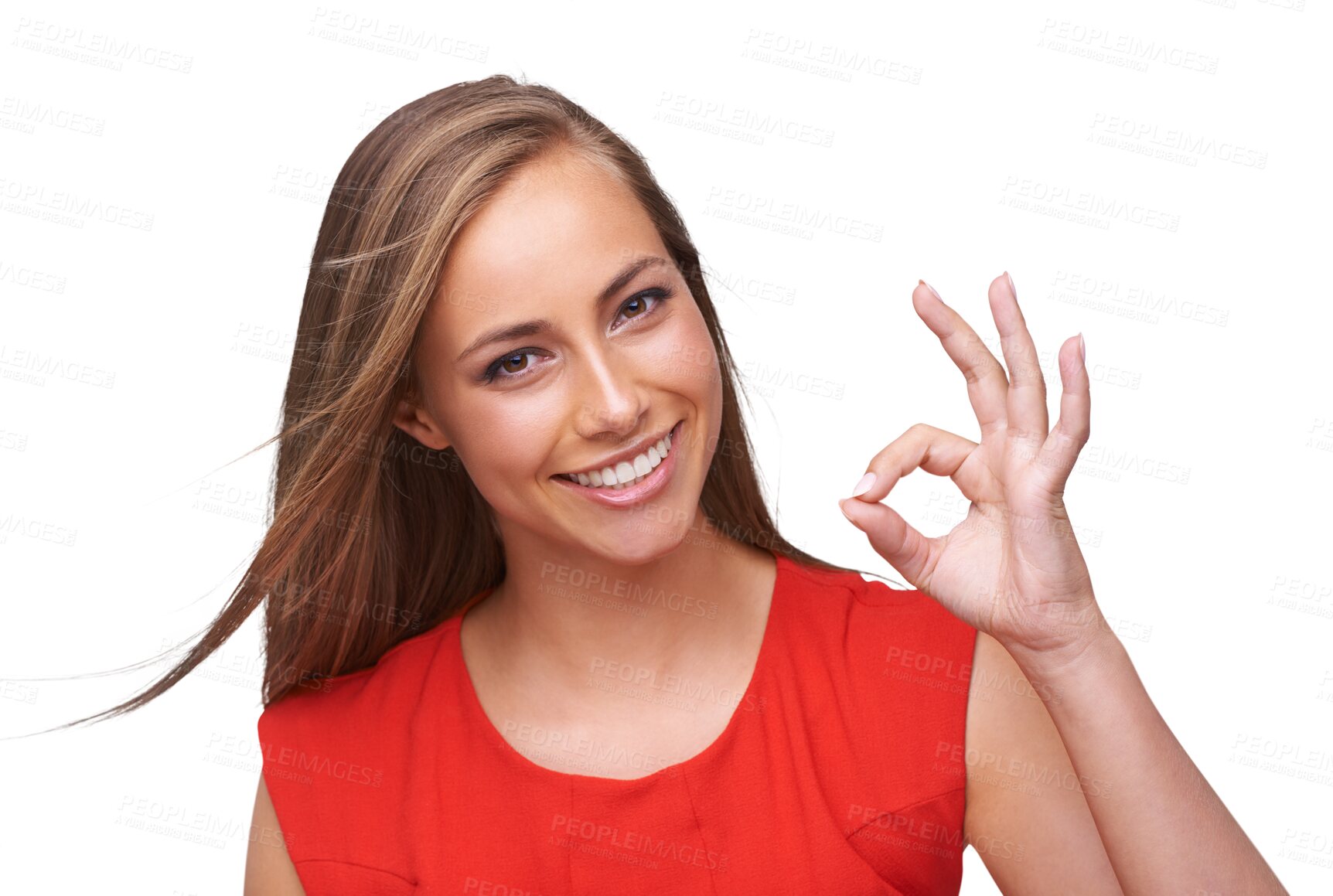 Buy stock photo Hand emoji, woman with ok sign and in a png or transparent background. Closeup portrait, isolated young female model giving a like or perfect signal and smiling for review, deal or feedback success