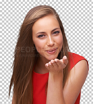 Woman, blow kiss and model portrait on an isolated and transparent png background to show love and happiness. Romantic, beauty and hand blowing kisses of a young person feeling beautiful and happy