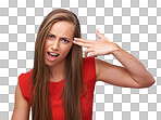 Woman, portrait and gun hand to head with anger, crazy and annoyed on an isolated and transparent png background. Model, comic and weapon sign to temple with mad face, mental health