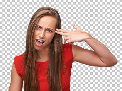 Buy stock photo Woman, portrait and gun hand to head with anger, crazy and annoyed isolated on a transparent PNG background. Model, comic and weapon sign to temple with mad face in shock, surprised or mental health