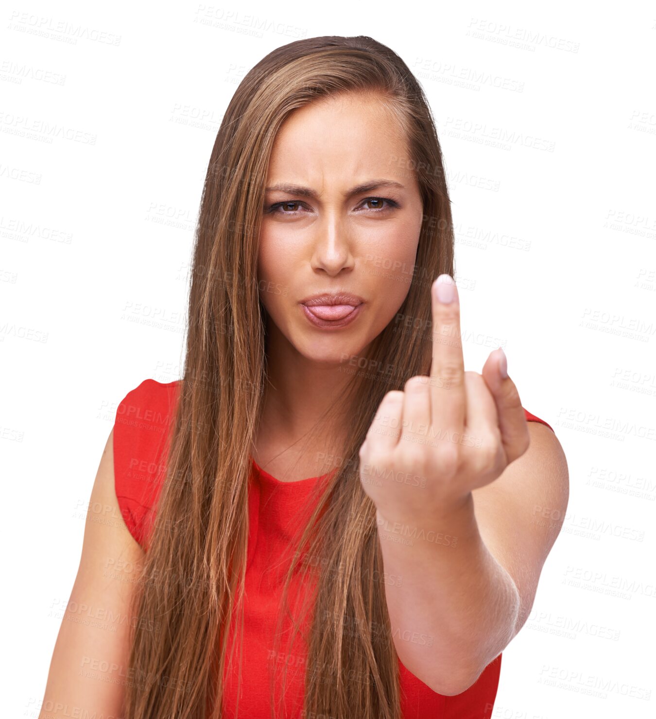 Buy stock photo Upset, angry and portrait of a woman with a middle finger for disagreement, argument or fight. Annoyed, punk and female model with rude or conflict hand gesture isolated by transparent png background