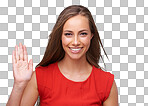 Wave, welcome and portrait of a woman smile with happiness on an isolated, transparent png background. Happy, beauty and hello hand sign of a model alone with beautiful long hair and waving goodbye