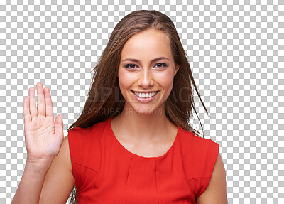 Buy stock photo Wave, welcome and portrait of a woman smile with happiness isolated on a transparent png background. Happy, pledge and a hello hand sign of a model greeting and waving goodbye with confidence