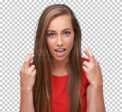 Wish, hope and portrait of a woman with fingers crossed on an isolated and transparent png background. Hopeful, expression and surprised girl with hand gesture for expressing wishing
